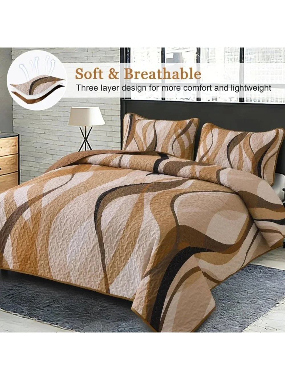 King Size Quilt Set - Brown & Grey Stripe Bedding, 3PCs Soft Microfiber Coverlet